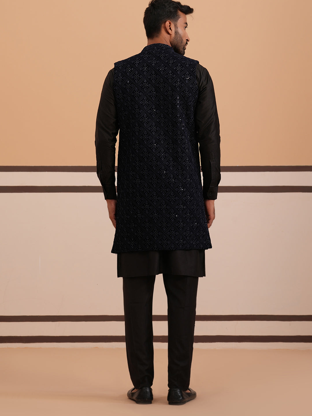 Navy Blue Embroidered Long Shrug With Kurta Pyjama Set