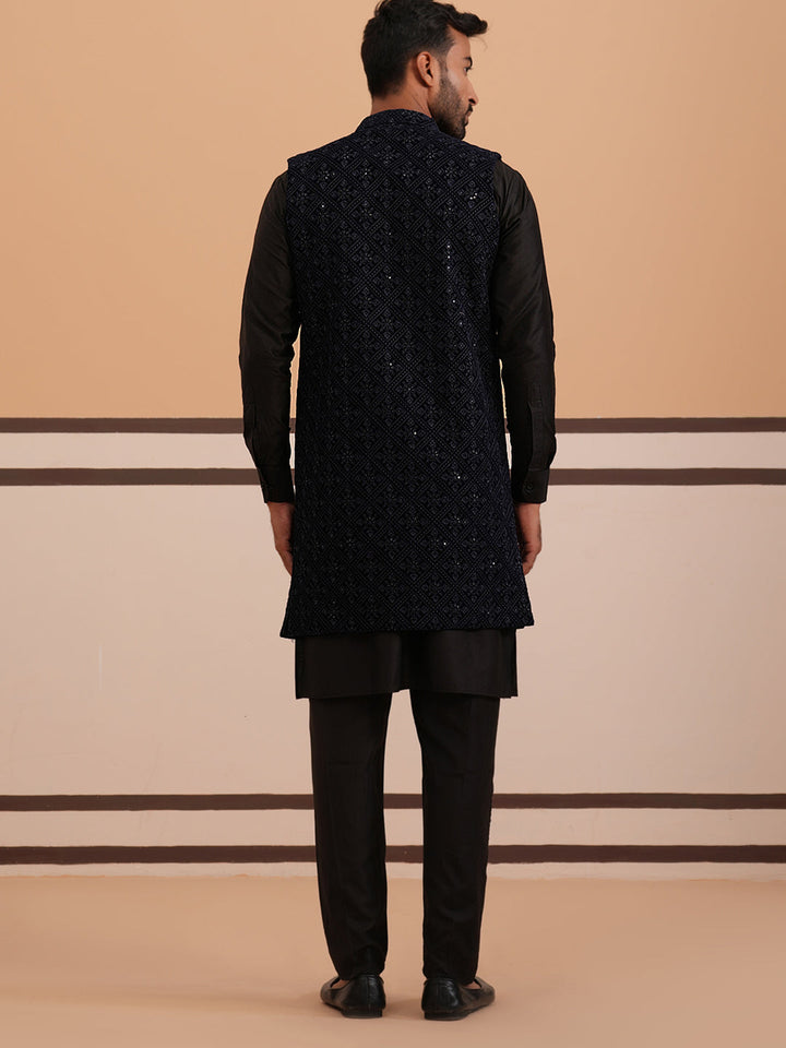 Navy Blue Embroidered Long Shrug With Kurta Pyjama Set