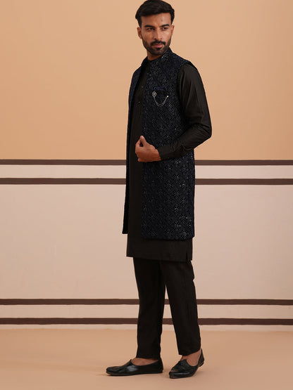 Navy Blue Embroidered Long Shrug With Kurta Pyjama Set
