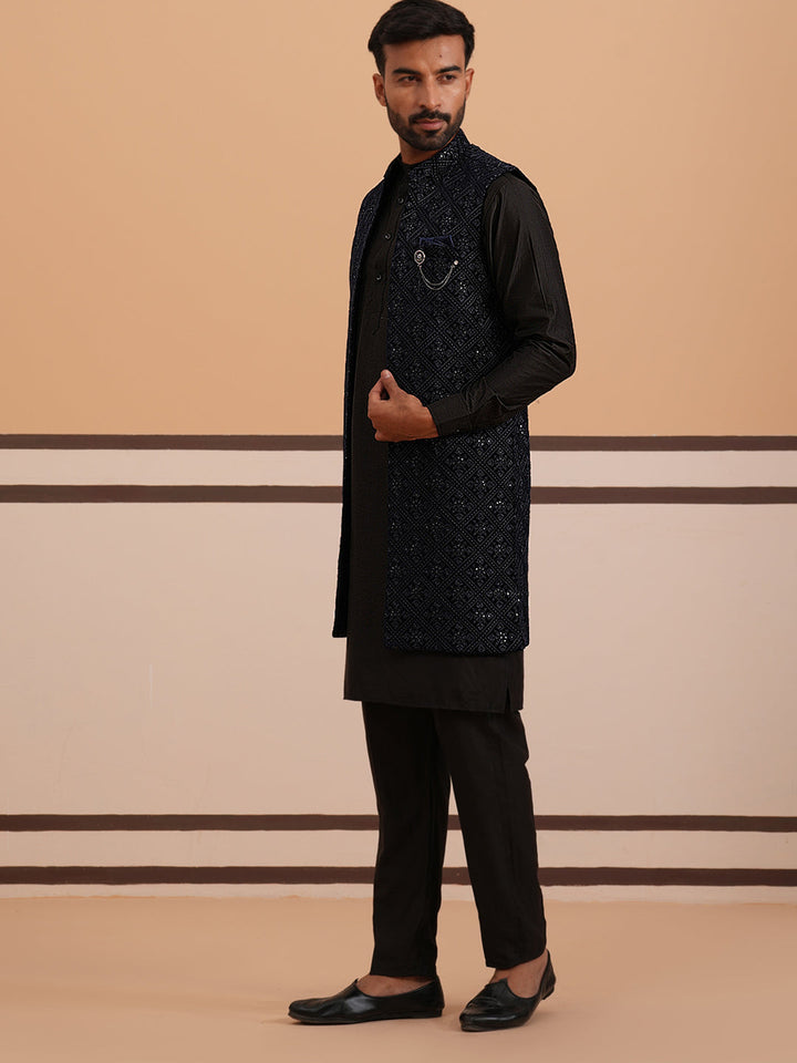 Navy Blue Embroidered Long Shrug With Kurta Pyjama Set