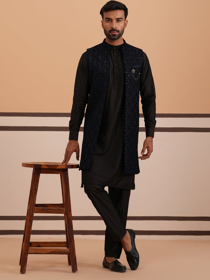 Navy Blue Embroidered Long Shrug With Kurta Pyjama Set