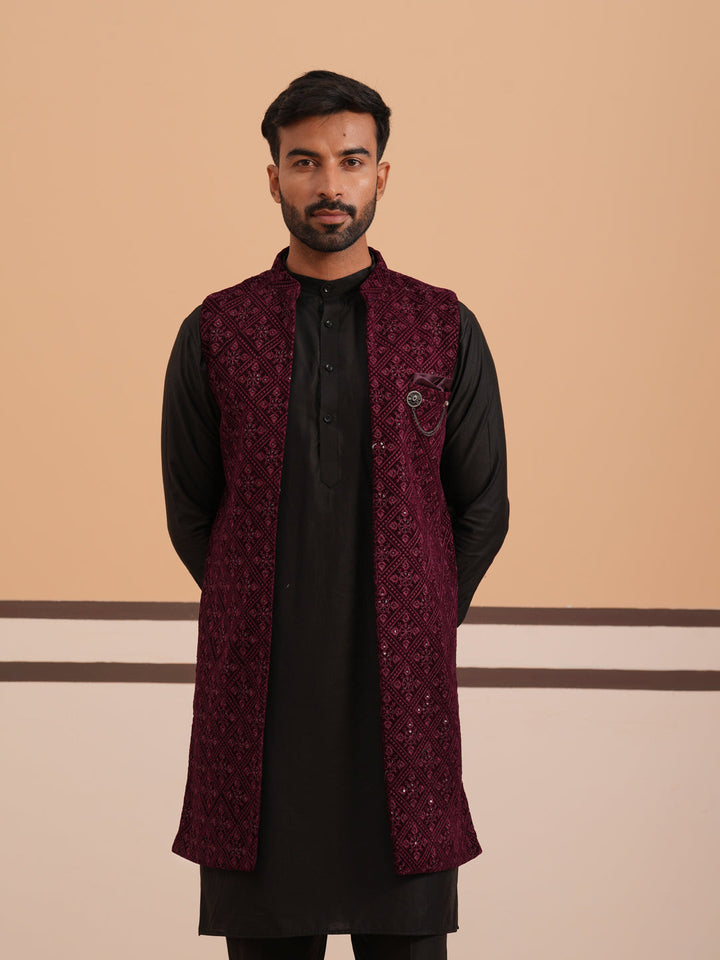Purple Embroidered Long Shrug With Kurta Pyjama Set
