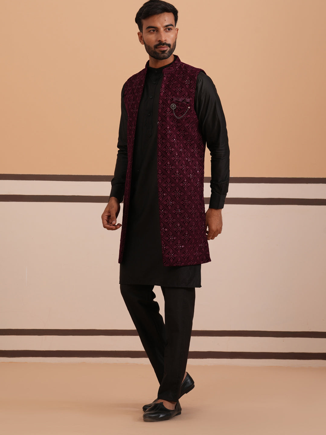 Purple Embroidered Long Shrug With Kurta Pyjama Set