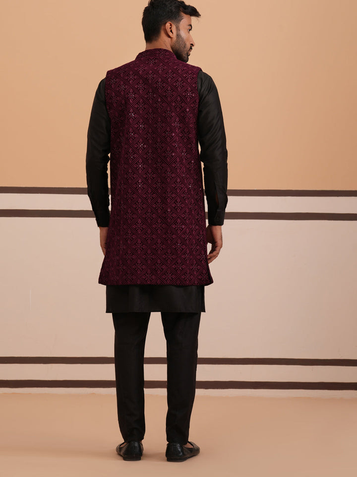 Purple Embroidered Long Shrug With Kurta Pyjama Set