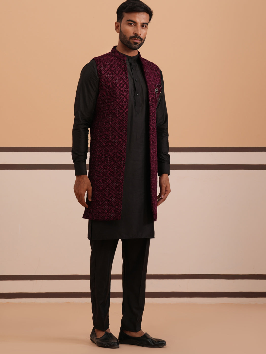 Purple Embroidered Long Shrug With Kurta Pyjama Set
