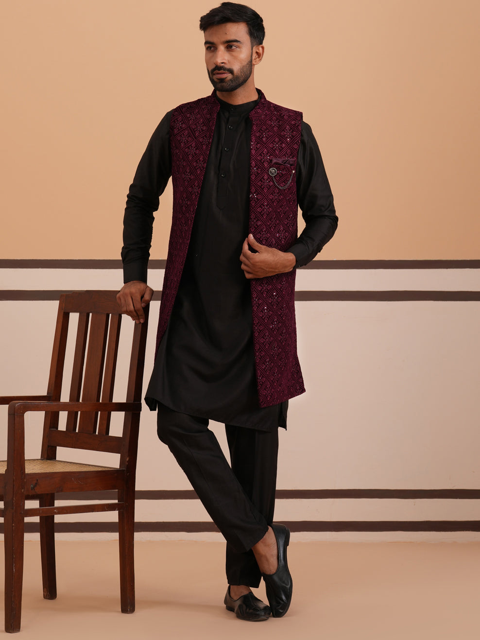 Purple Embroidered Long Shrug With Kurta Pyjama Set