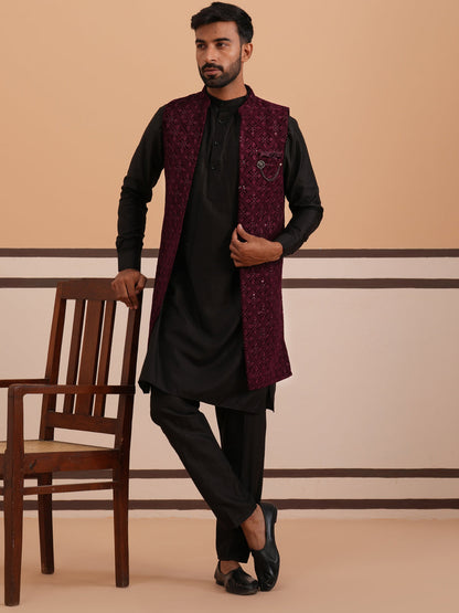 Purple Embroidered Long Shrug With Kurta Pyjama Set