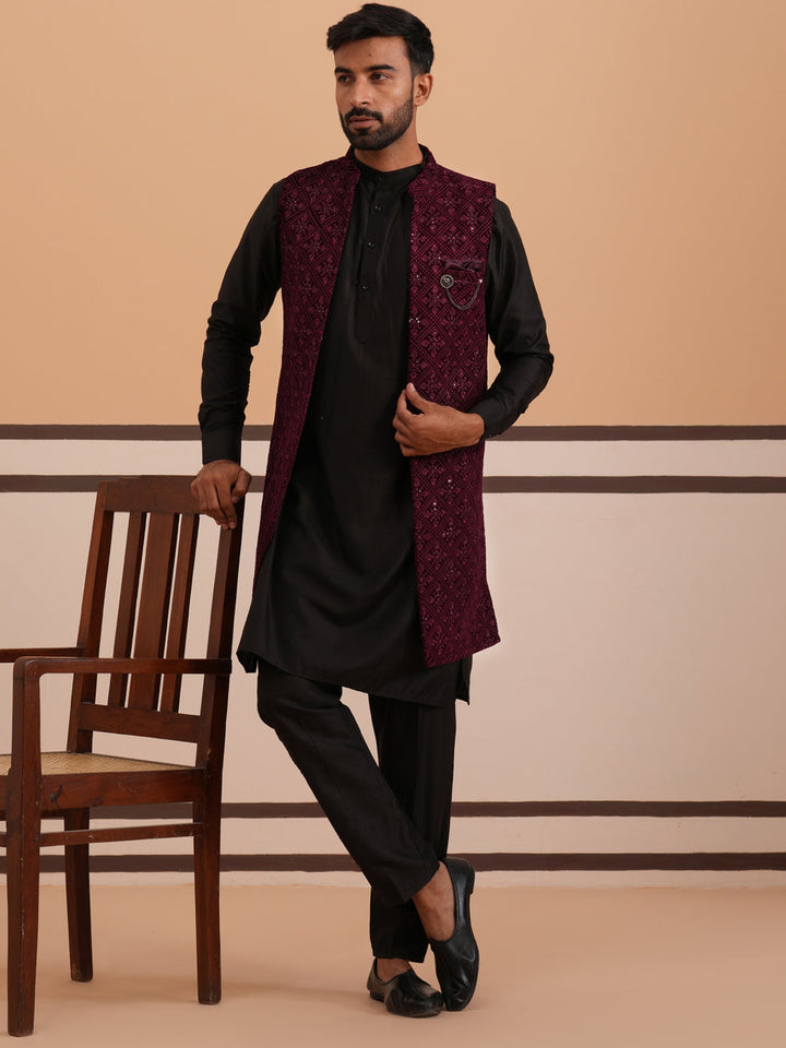 Purple Embroidered Long Shrug With Kurta Pyjama Set