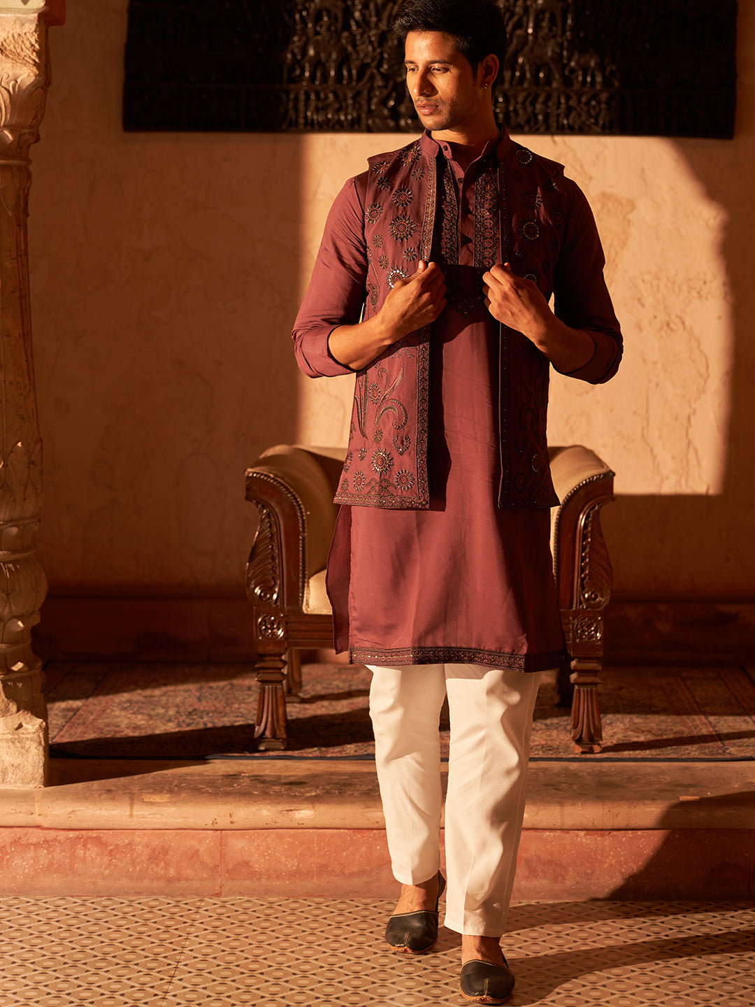Embroidered Waistcoat &amp; Solid Kurta Pyjama For Men