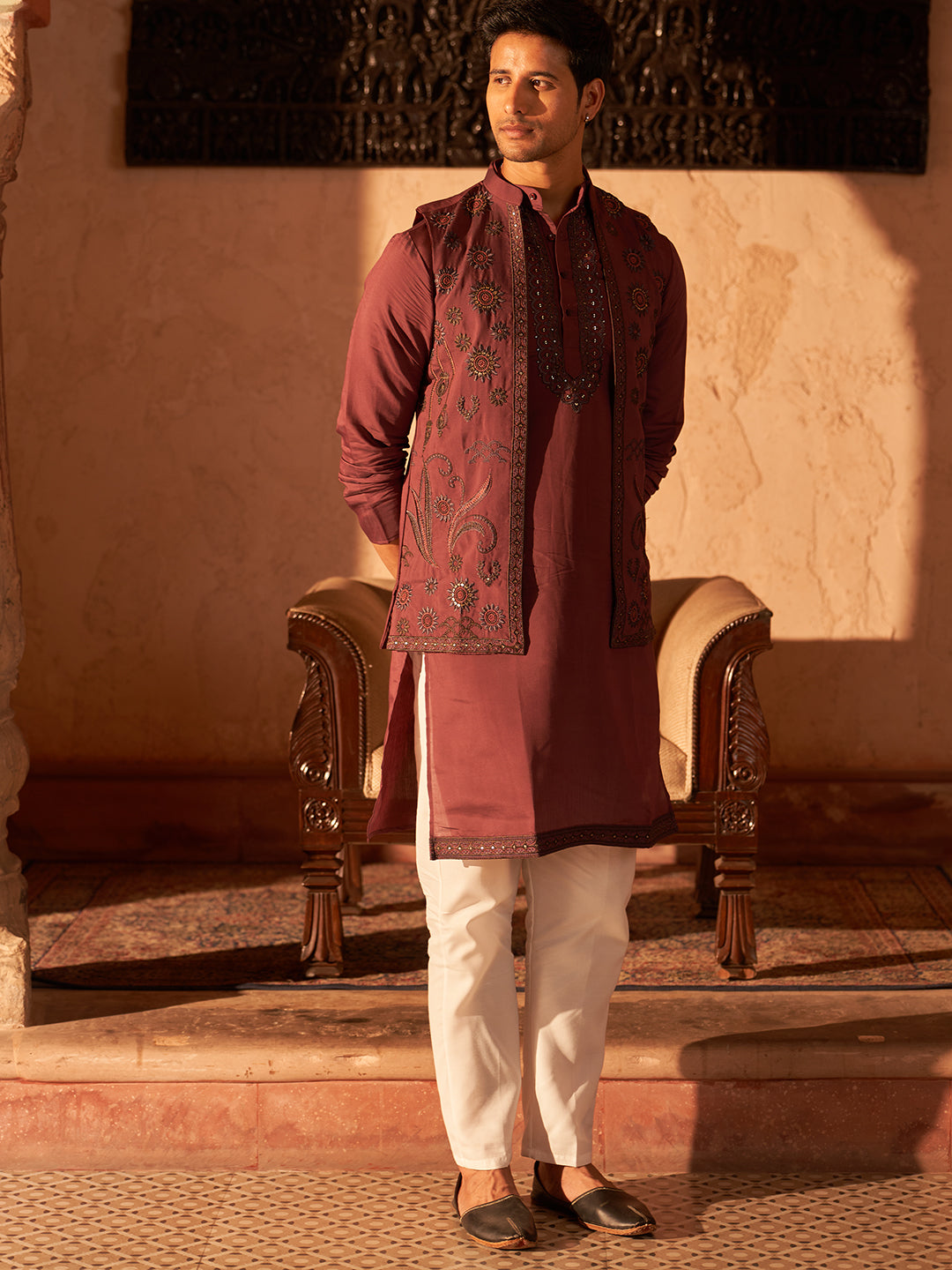 Embroidered Waistcoat &amp; Solid Kurta Pyjama For Men