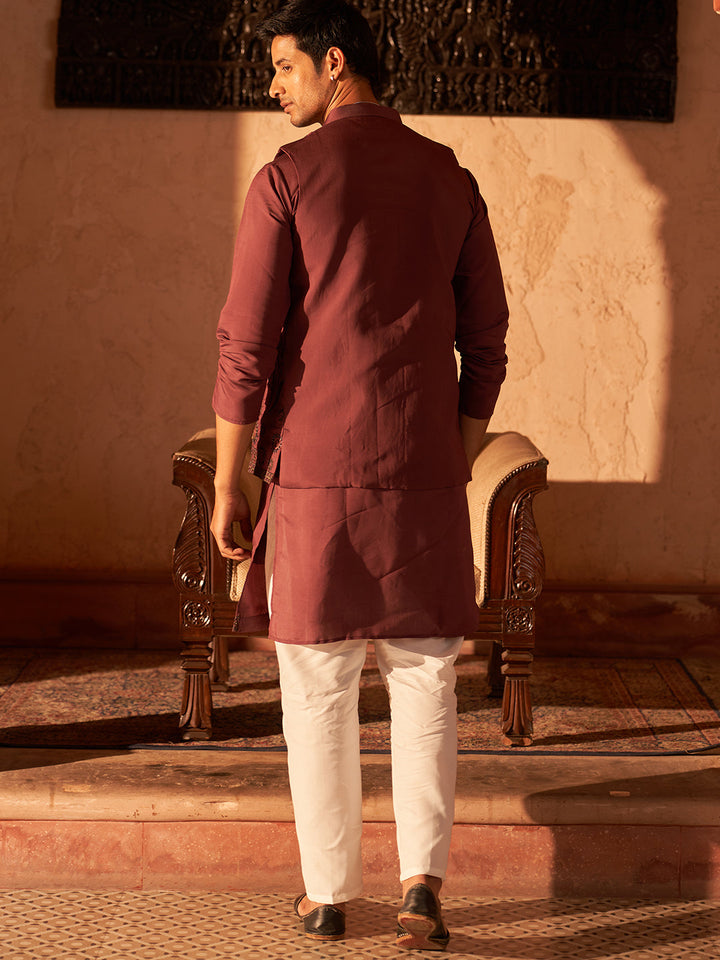 Embroidered Waistcoat &amp; Solid Kurta Pyjama For Men
