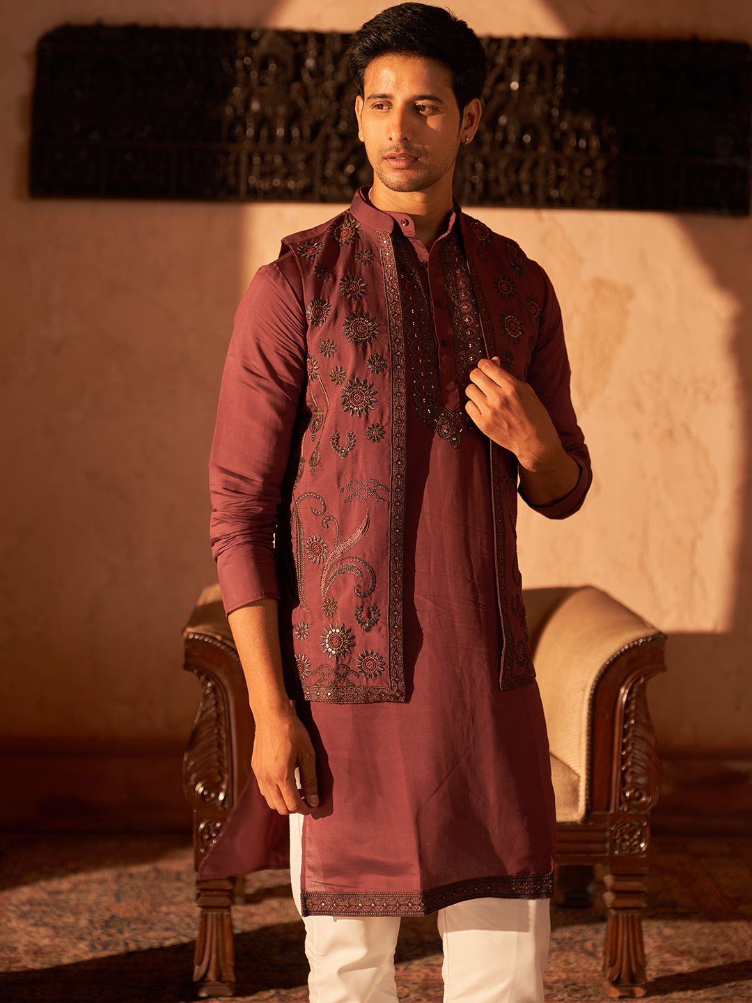 Embroidered Waistcoat &amp; Solid Kurta Pyjama For Men