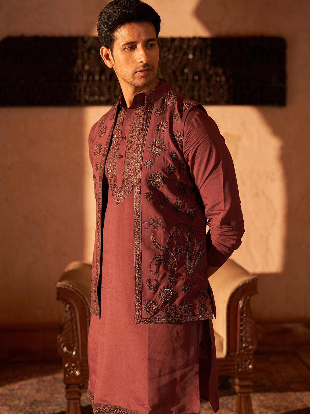 Embroidered Waistcoat &amp; Solid Kurta Pyjama For Men