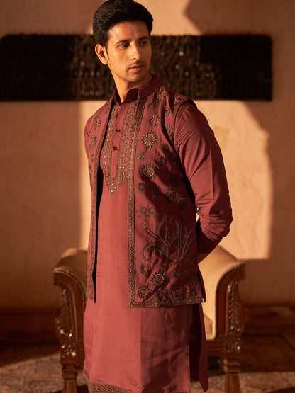Embroidered Waistcoat & Solid Kurta Pyjama For Men