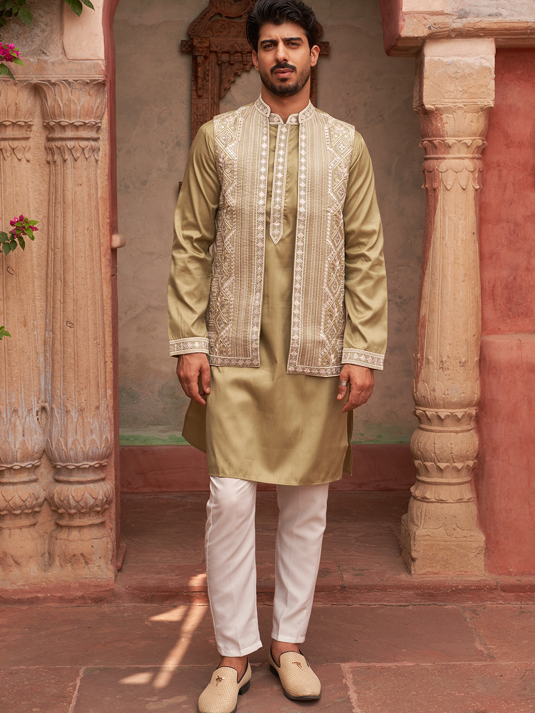 Embroidered Waistcoat And Kurta Pyjama For Men