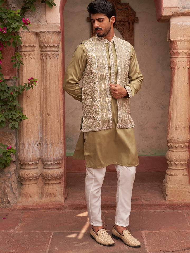 Embroidered Waistcoat And Kurta Pyjama For Men