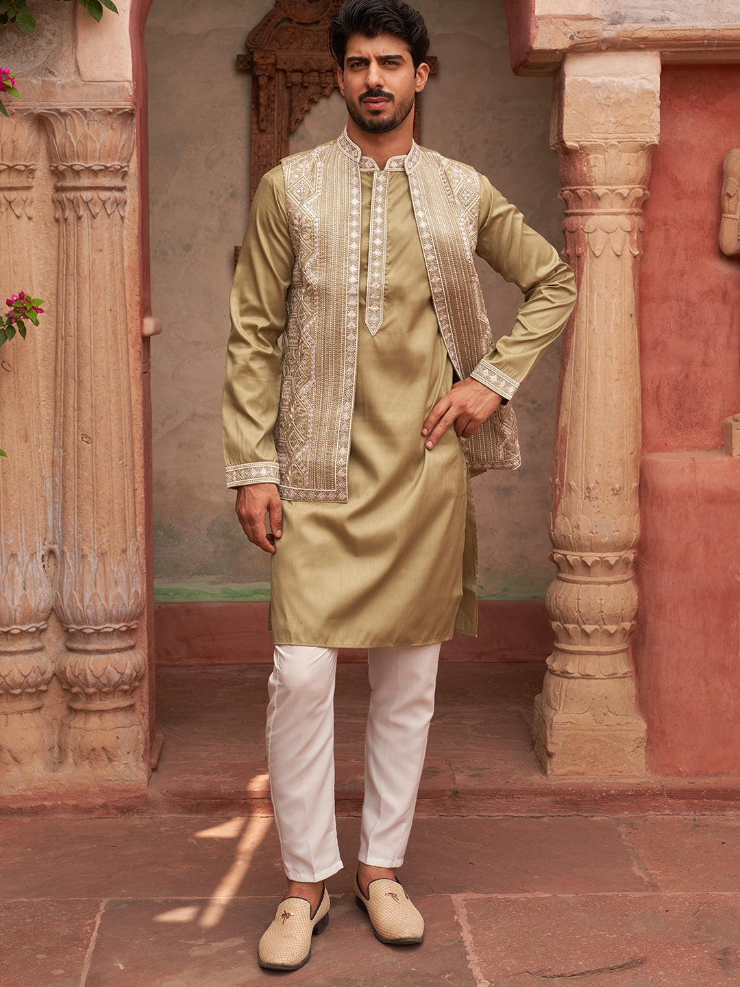 Embroidered Waistcoat And Kurta Pyjama For Men