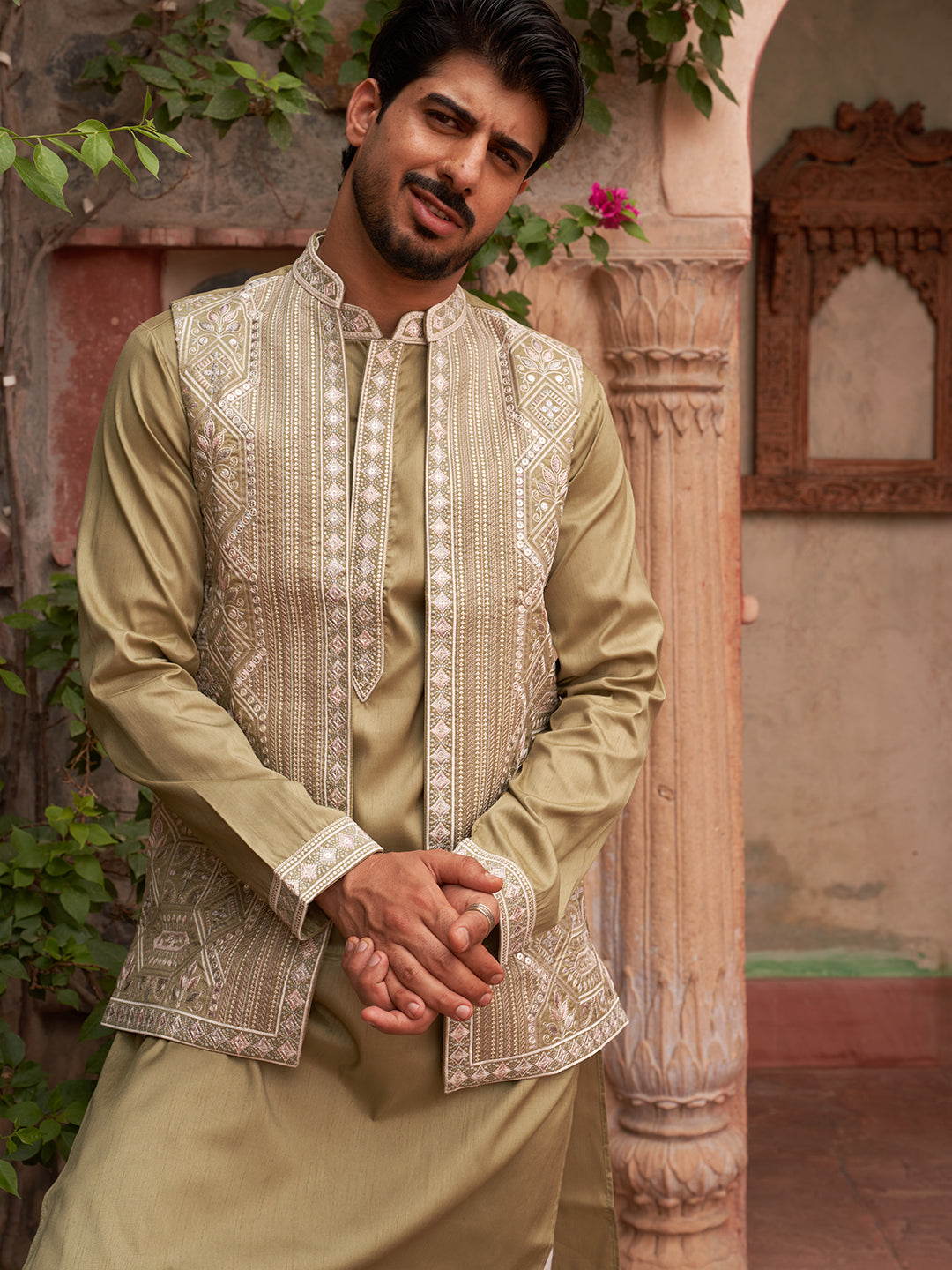 Embroidered Waistcoat And Kurta Pyjama For Men