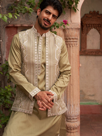 Embroidered Waistcoat And Kurta Pyjama For Men