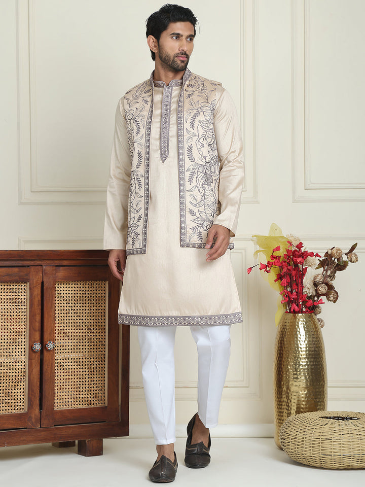 Embroidered Waistcoat &amp; Solid Kurta Pyjama For Men