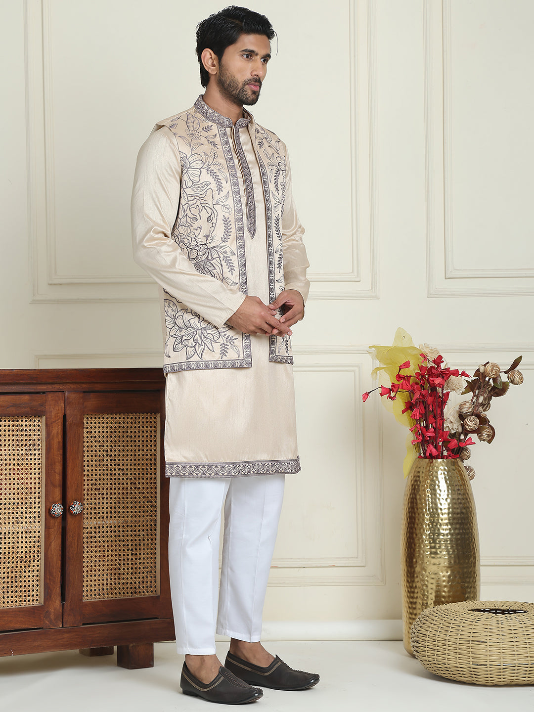 Embroidered Waistcoat & Solid Kurta Pyjama For Men