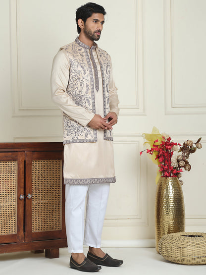 Embroidered Waistcoat & Solid Kurta Pyjama For Men