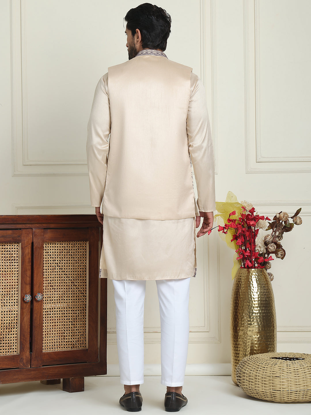 Embroidered Waistcoat &amp; Solid Kurta Pyjama For Men