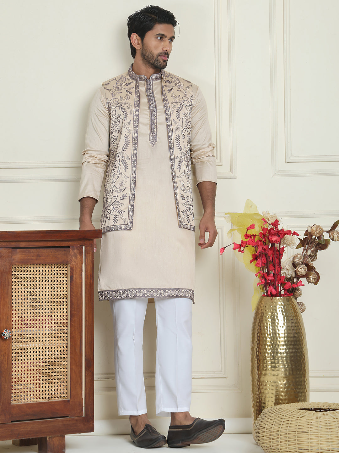 Embroidered Waistcoat &amp; Solid Kurta Pyjama For Men