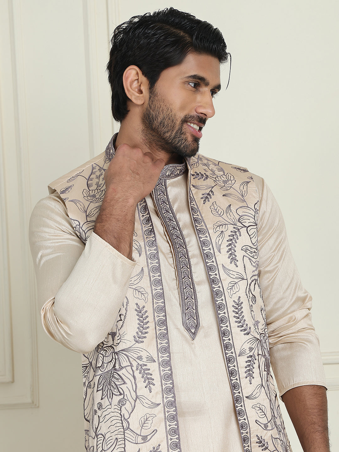 Embroidered Waistcoat &amp; Solid Kurta Pyjama For Men