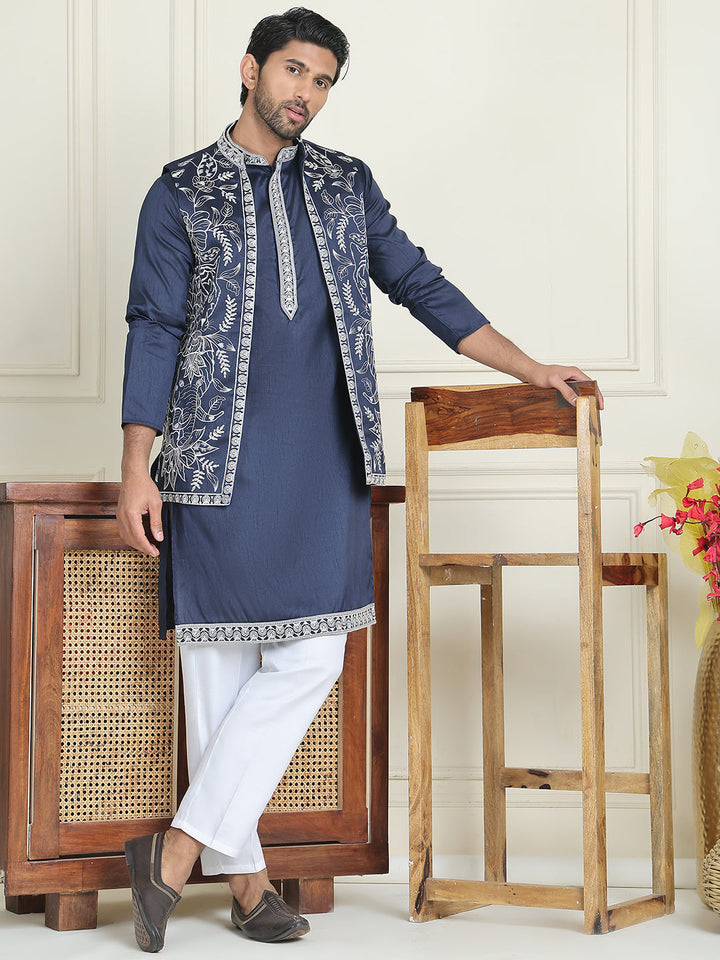 Embroidered Waistcoat &amp; Solid Kurta Pyjama For Men