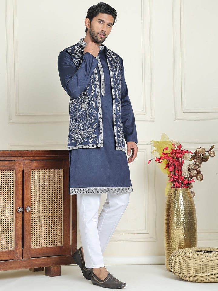 Embroidered Waistcoat &amp; Solid Kurta Pyjama For Men