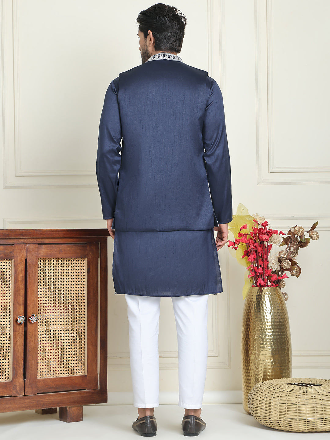 Embroidered Waistcoat &amp; Solid Kurta Pyjama For Men