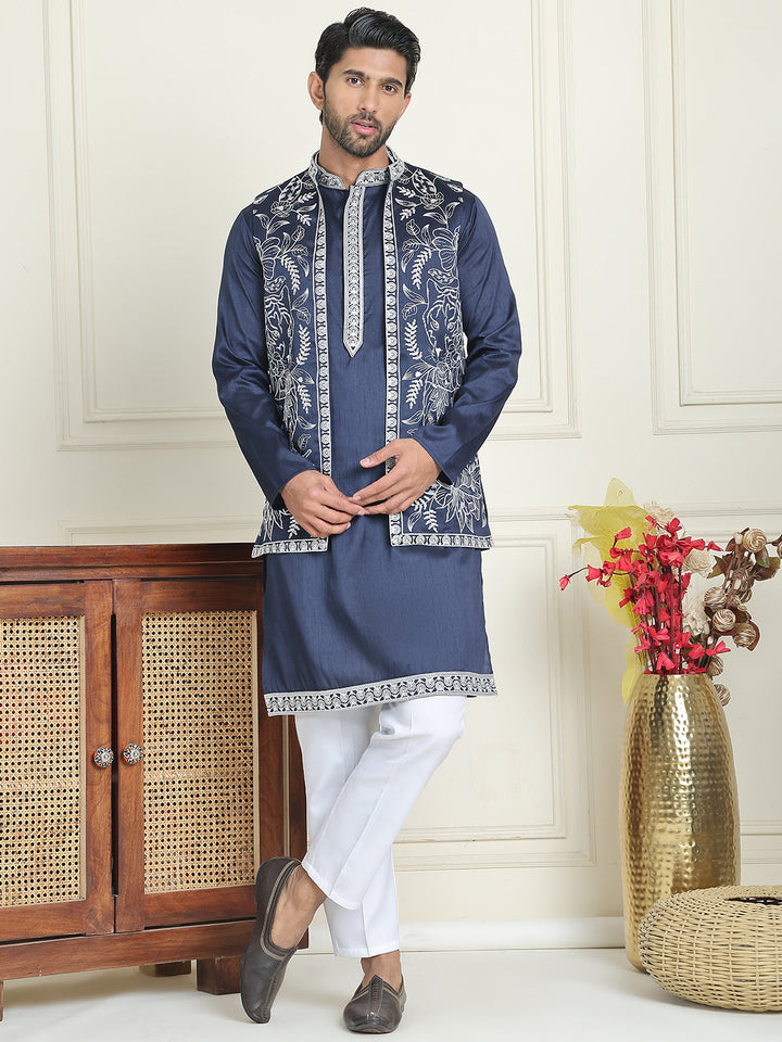 Embroidered Waistcoat &amp; Solid Kurta Pyjama For Men