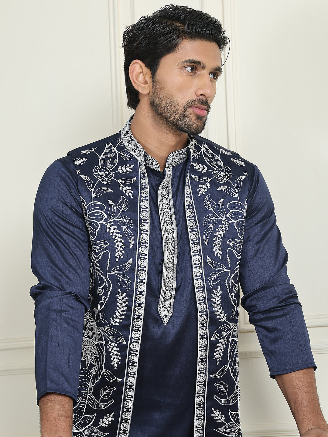 Embroidered Waistcoat &amp; Solid Kurta Pyjama For Men