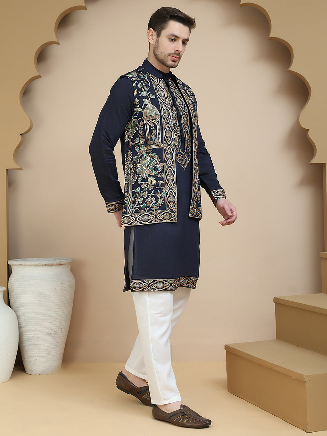Embroidered Waistcoat And Kurta Pyjama For Men