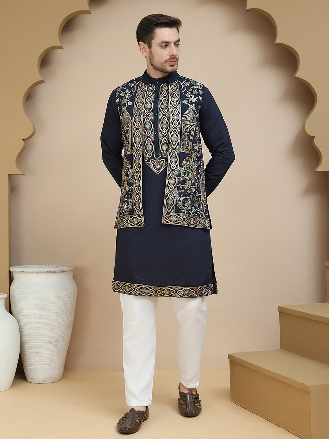 Embroidered Waistcoat And Kurta Pyjama For Men
