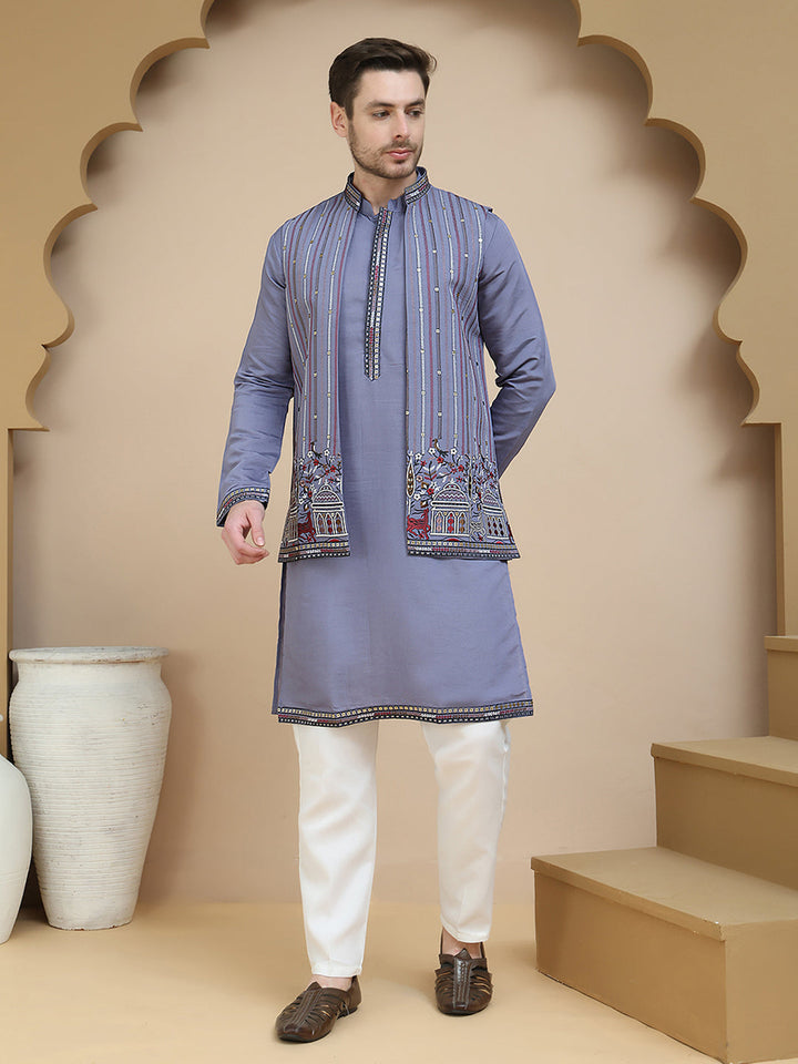 Embroidered Waistcoat And Kurta Pyjama For Men