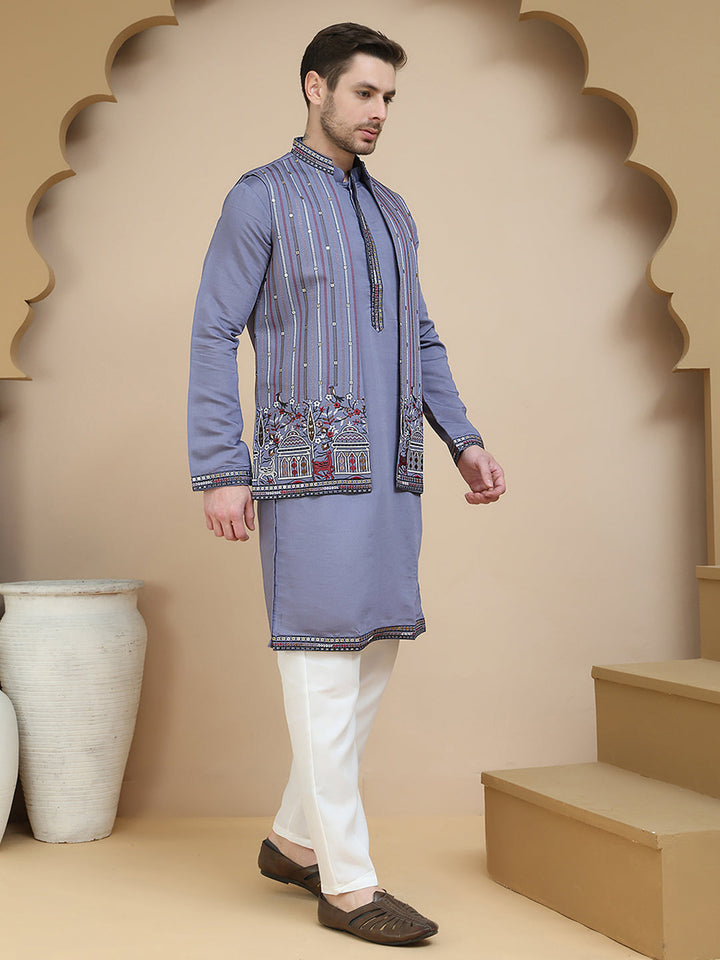 Embroidered Waistcoat And Kurta Pyjama For Men