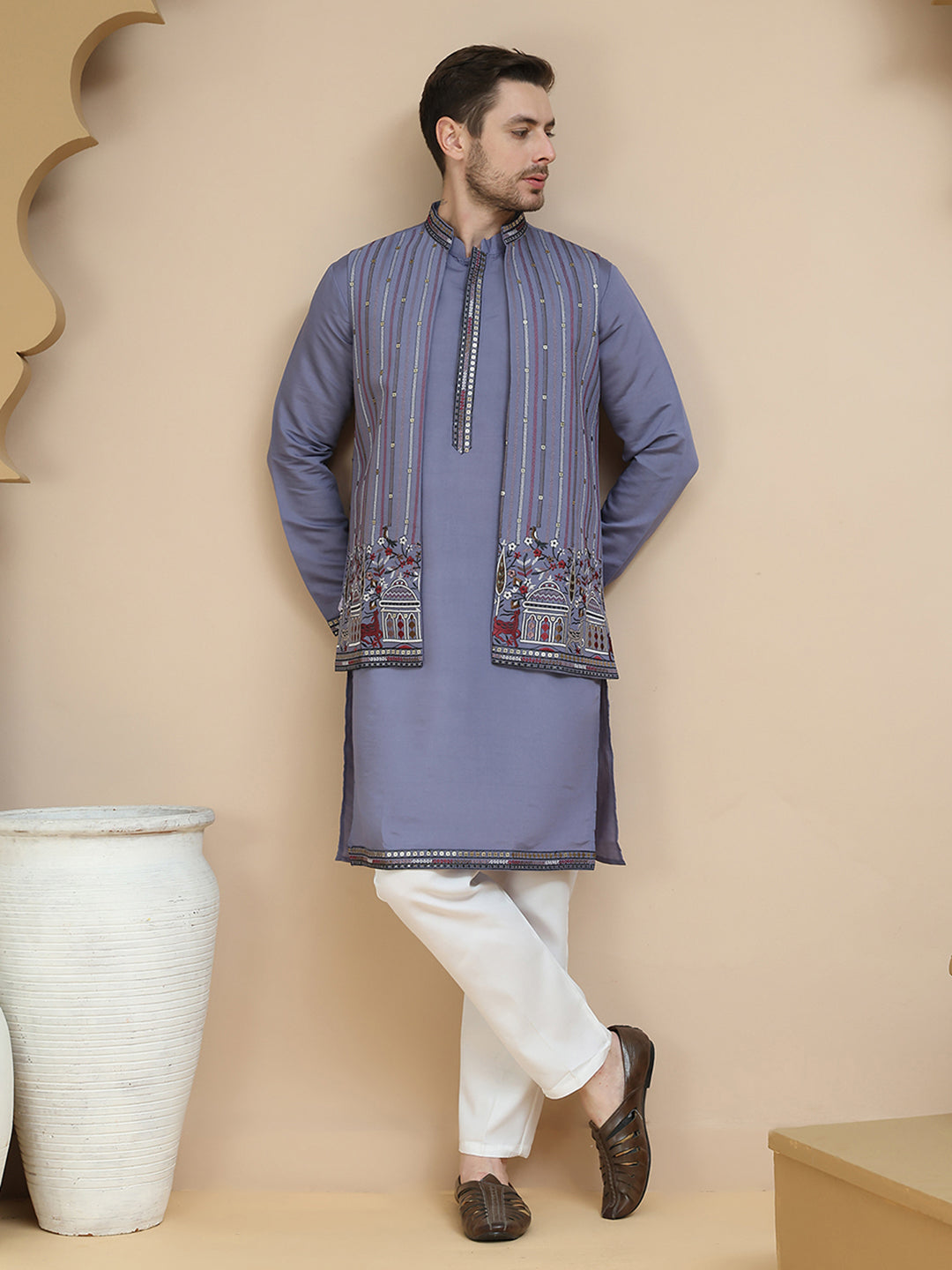 Embroidered Waistcoat And Kurta Pyjama For Men