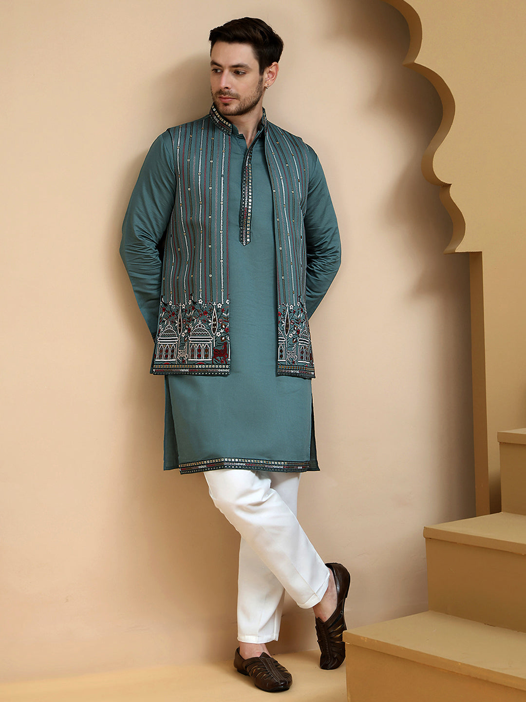Embroidered Waistcoat And Kurta Pyjama For Men