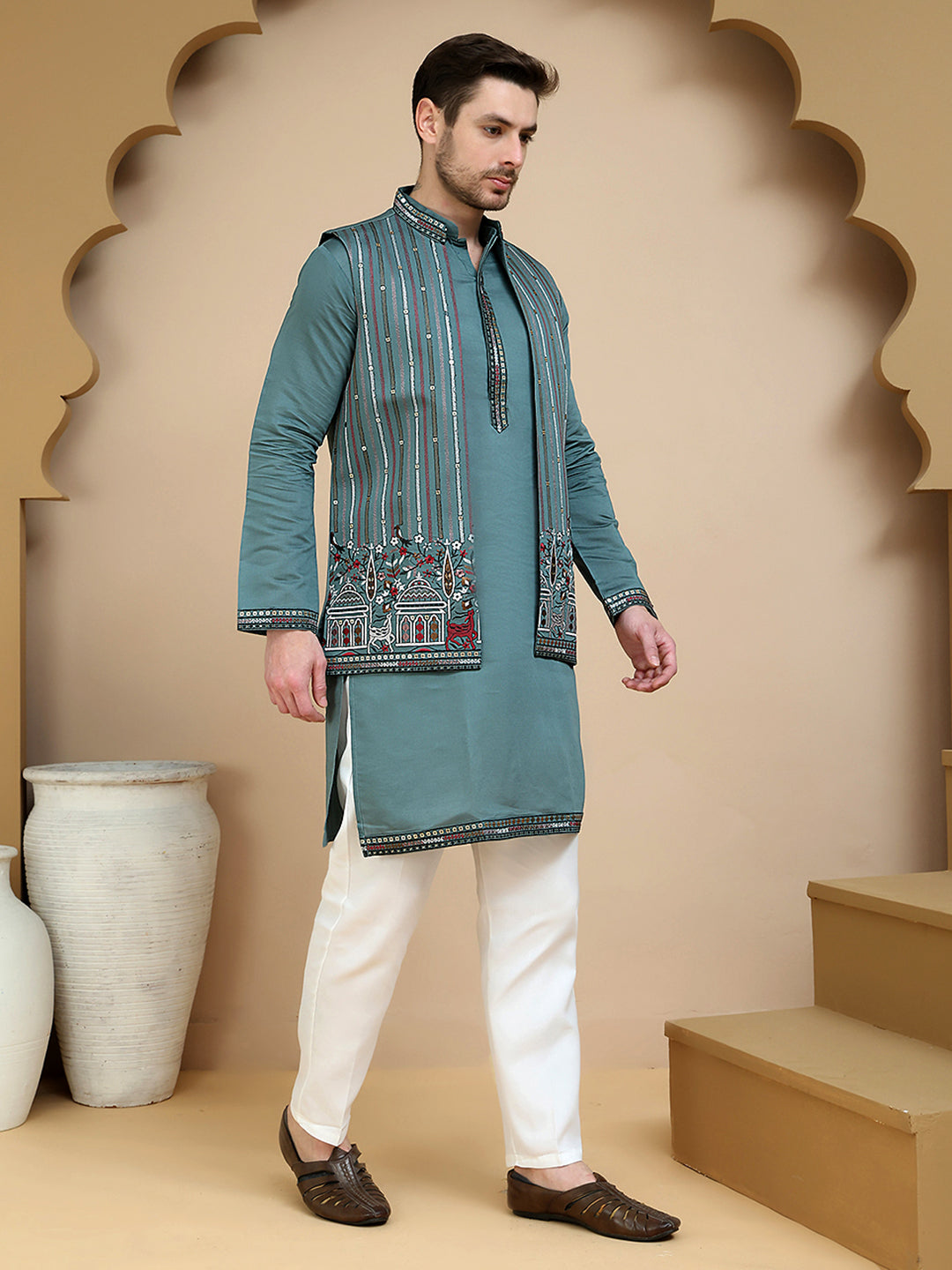 Embroidered Waistcoat And Kurta Pyjama For Men