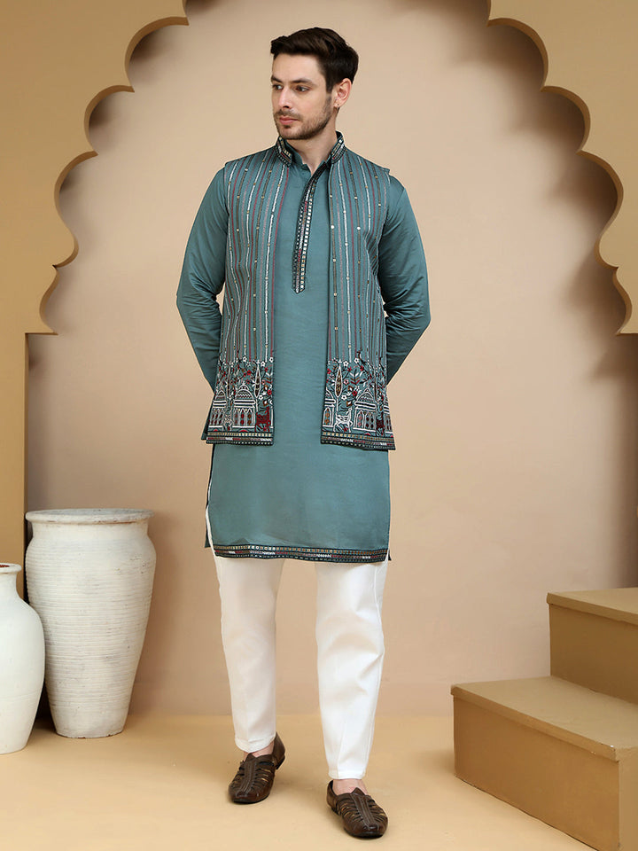 Embroidered Waistcoat And Kurta Pyjama For Men