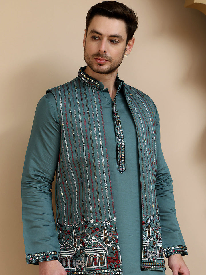 Embroidered Waistcoat And Kurta Pyjama For Men