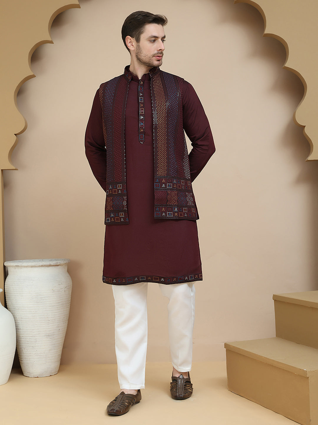 Embroidered Waistcoat And Kurta Pyjama For Men