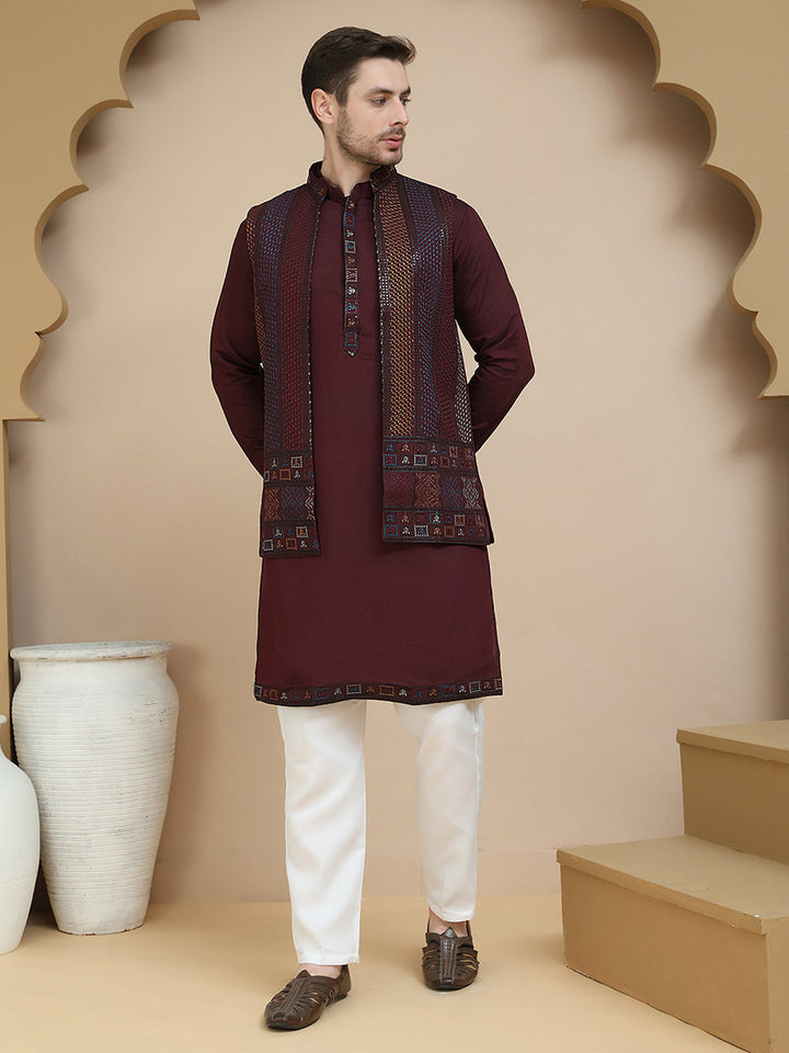 Embroidered Waistcoat And Kurta Pyjama For Men
