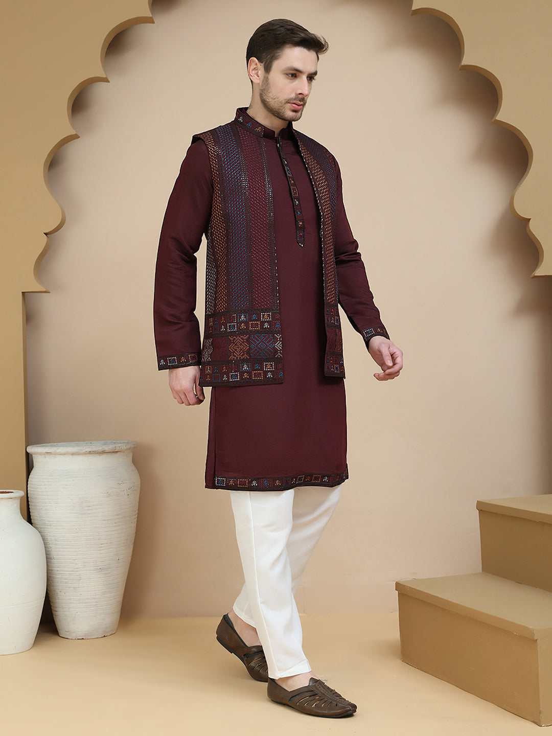 Embroidered Waistcoat And Kurta Pyjama For Men