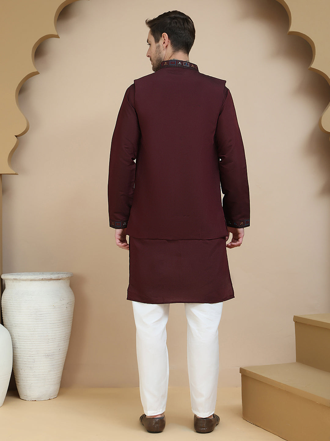 Embroidered Waistcoat And Kurta Pyjama For Men