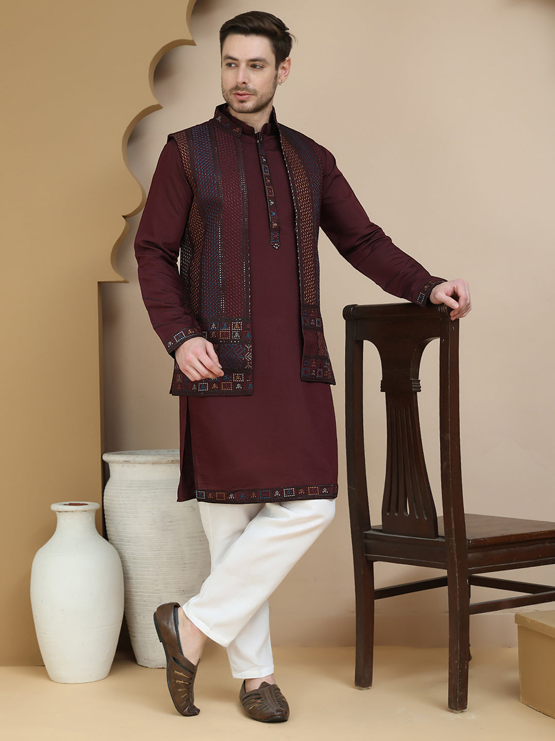 Embroidered Waistcoat And Kurta Pyjama For Men