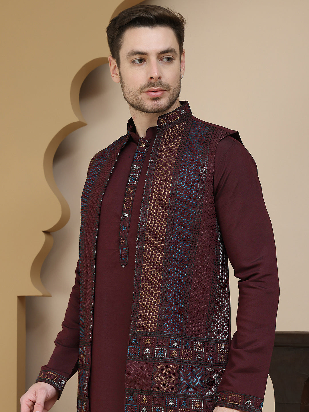 Embroidered Waistcoat And Kurta Pyjama For Men