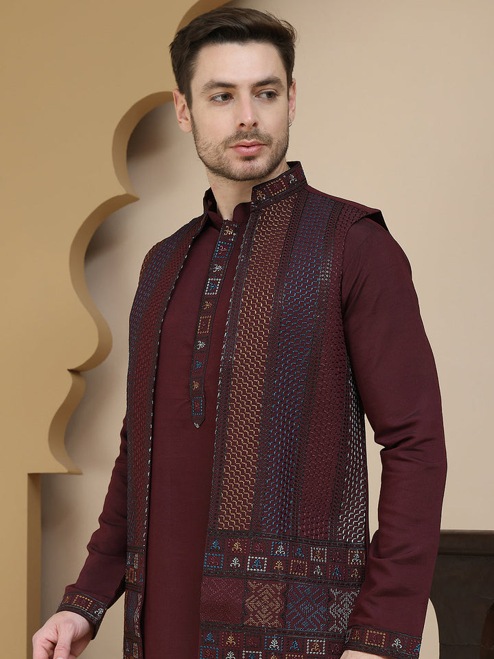 Embroidered Waistcoat And Kurta Pyjama For Men